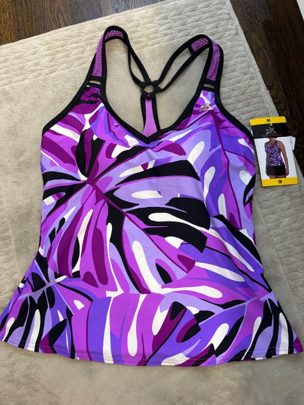 NWT ZeroXposur O-Ring Action Tankini Swim Top Purple Tropical Palm Leaf - Size M